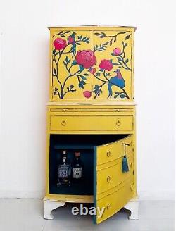 Vintage Drinks Cabinet. Hand Painted Yellow Floral Cupboard. Distressed