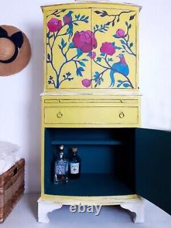 Vintage Drinks Cabinet. Hand Painted Yellow Floral Cupboard. Distressed