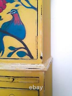 Vintage Drinks Cabinet. Hand Painted Yellow Floral Cupboard. Distressed