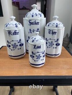 Vintage Dutch Sugar, Tea, Coffee And Salt Canisters Blue Onion Design Pottery