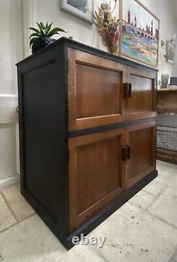 Vintage Early C20th Large Oak School Storage Cupboard Part Painted In Black