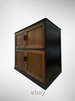 Vintage Early C20th Large Oak School Storage Cupboard Part Painted In Black