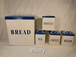 Vintage Enamel Bread Bin, Tea, Coffee, Sugar & Biscuit set Embossed Letters