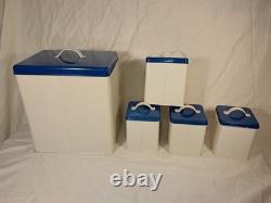 Vintage Enamel Bread Bin, Tea, Coffee, Sugar & Biscuit set Embossed Letters