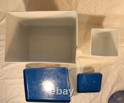 Vintage Enamel Bread Bin, Tea, Coffee, Sugar & Biscuit set Embossed Letters