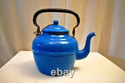 Vintage Enamel Tea Kettle Blue Metal Teapot With Lid Spout Retro Kitchen DecorR