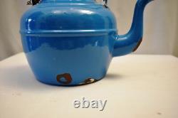Vintage Enamel Tea Kettle Blue Metal Teapot With Lid Spout Retro Kitchen DecorR