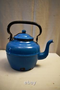 Vintage Enamel Tea Kettle Blue Metal Teapot With Lid Spout Retro Kitchen DecorR