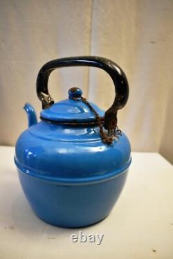 Vintage Enamel Tea Kettle Blue Metal Teapot With Lid Spout Retro Kitchen DecorR