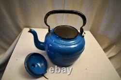 Vintage Enamel Tea Kettle Blue Metal Teapot With Lid Spout Retro Kitchen DecorR