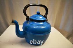 Vintage Enamel Tea Kettle Blue Metal Teapot With Lid Spout Retro Kitchen DecorR