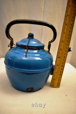 Vintage Enamel Tea Kettle Blue Metal Teapot With Lid Spout Retro Kitchen DecorR