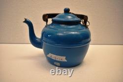 Vintage Enamel Tea Kettle Blue Metal Teapot With Lid Spout Retro Kitchen DecorR