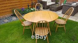 Vintage Ercol Blonde Elm Drop Leaf Dining Table Model 384 & 4 Quaker Dining Chai