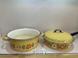 Vintage Flower Power Pan Set Enameled with Lids Retro Kitchen