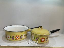 Vintage Flower Power Pan Set Enameled with Lids Retro Kitchen