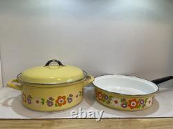 Vintage Flower Power Pan Set Enameled with Lids Retro Kitchen