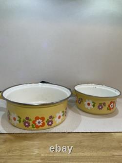 Vintage Flower Power Pan Set Enameled with Lids Retro Kitchen