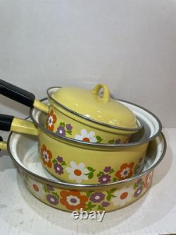 Vintage Flower Power Pan Set Enameled with Lids Retro Kitchen