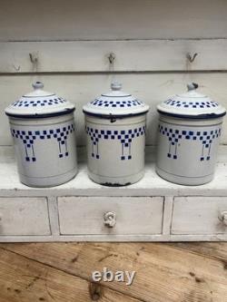Vintage French Blue and White Checkered Enamel Kitchen Canisters Set 3