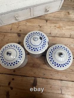Vintage French Blue and White Checkered Enamel Kitchen Canisters Set 3