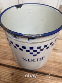 Vintage French Blue and White Checkered Enamel Kitchen Canisters Set 3