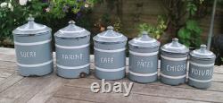 Vintage French Enamel Graduated Kitchen Canisters Storage Jars Grey / White x 6