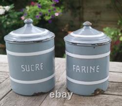 Vintage French Enamel Graduated Kitchen Canisters Storage Jars Grey / White x 6