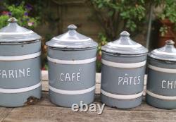 Vintage French Enamel Graduated Kitchen Canisters Storage Jars Grey / White x 6