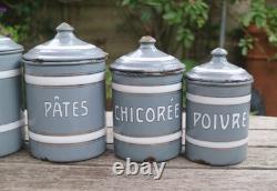 Vintage French Enamel Graduated Kitchen Canisters Storage Jars Grey / White x 6