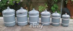 Vintage French Enamel Graduated Kitchen Canisters Storage Jars Grey / White x 6