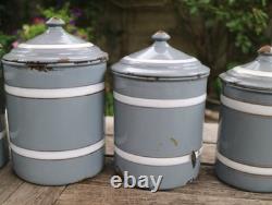 Vintage French Enamel Graduated Kitchen Canisters Storage Jars Grey / White x 6