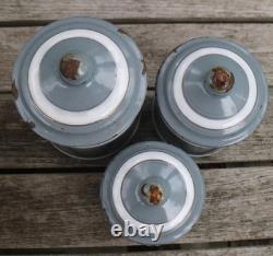 Vintage French Enamel Graduated Kitchen Canisters Storage Jars Grey / White x 6