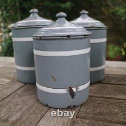 Vintage French Enamel Graduated Kitchen Canisters Storage Jars Grey / White x 6