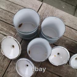 Vintage French Enamel Graduated Kitchen Canisters Storage Jars Grey / White x 6