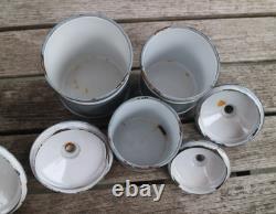 Vintage French Enamel Graduated Kitchen Canisters Storage Jars Grey / White x 6