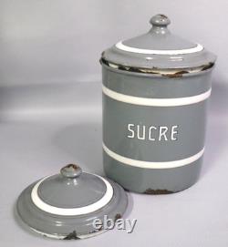 Vintage French Enamel Graduated Kitchen Canisters Storage Jars Grey / White x 6