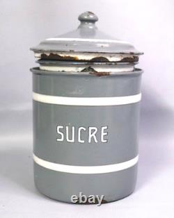 Vintage French Enamel Graduated Kitchen Canisters Storage Jars Grey / White x 6