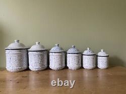 Vintage French Enamel Kitchen Storage Canisters, Snow In The Mountain, White