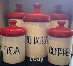 Vintage Holiday Designs 5 Piece Ceramic Canister Set White with Red Lids
