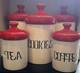 Vintage Holiday Designs 5 Piece Ceramic Canister Set White With Red Lids
