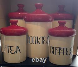 Vintage Holiday Designs 5 Piece Ceramic Canister Set White with Red Lids