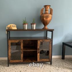 Vintage Industrial Sideboard Buffet Cabinet Adjustable Shelves 2 Glass Doors NEW