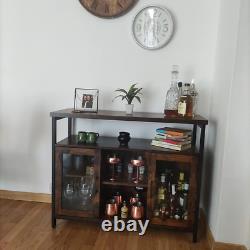 Vintage Industrial Sideboard Buffet Cabinet Adjustable Shelves 2 Glass Doors NEW