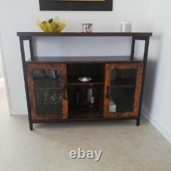 Vintage Industrial Sideboard Buffet Cabinet Adjustable Shelves 2 Glass Doors NEW