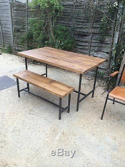 Vintage Industrial Style Chic Rustic Table and Bench Set Metal Frame Chunky Wood