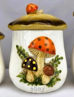 Vintage Japan Merry Mushroom Ceramic Canister Set 4-Pc Kitchen Decor