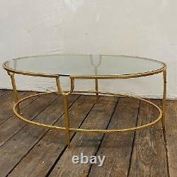 Vintage Large Gold Metal Coffee Table Long Oval Glass Top Gold Gilt Leaf Frame