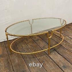 Vintage Large Gold Metal Coffee Table Long Oval Glass Top Gold Gilt Leaf Frame