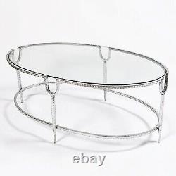 Vintage Large Silver Metal Coffee Table Long Oval Glass Top Silver Gilt Frame